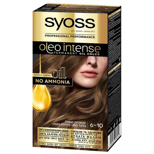 Syoss Oleo Intense Permanent Oil Hair Color Kit Επαγγελματική Μόνιμη Βαφή Μαλλιών για Εξαιρετική Κάλυψη & Έντονο Χρώμα που Διαρκεί, Χωρίς Αμμωνία 1 Τεμάχιο - 6-10 Ξανθό Σκούρο